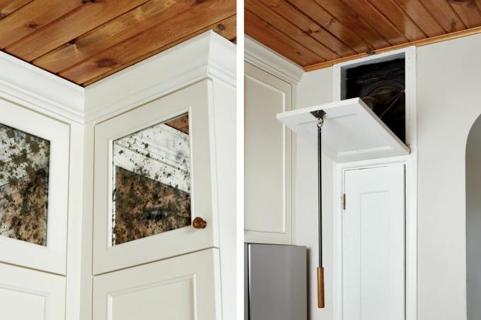 Вратите на най-горните шкафове вляво от мивката са вградени със старинни огледала, за да подпомогнат отскачането на светлината из стаята. Гланцовото прозрачно покритие на тавана добавя още една отразяваща повърхност. Вдясно: Наскоро ремонтиран, оригиналният изпускателен вентилатор на кухнята се включва автоматично, когато вратата се отвори с желязна кука с дъбова дръжка. „Има доста силно привличане, така че може да изчисти изпаренията от готвене“, казва Рейчъл. 
