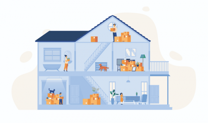 Илюстрация на интериора на дом с хора и движещи се кутии вътре
