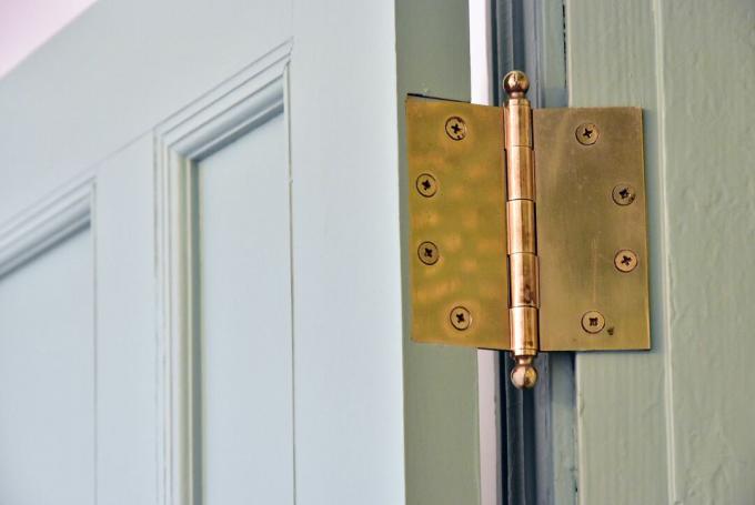 En närbild av ett dörrgångjärn monterat på en mossig grön dörr och karm. 