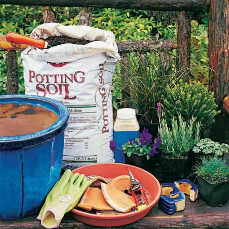Tanah, sarung tangan, dan bahan yang dibutuhkan untuk menanam dalam pot.