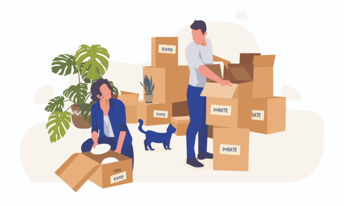 Ilustración de dos personas y su gato, junto con cajas de mudanza etiquetadas como " mantener" y " donar"